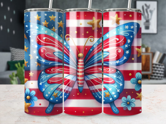 Butterfly tumbler with American flag pattern and gold stars.