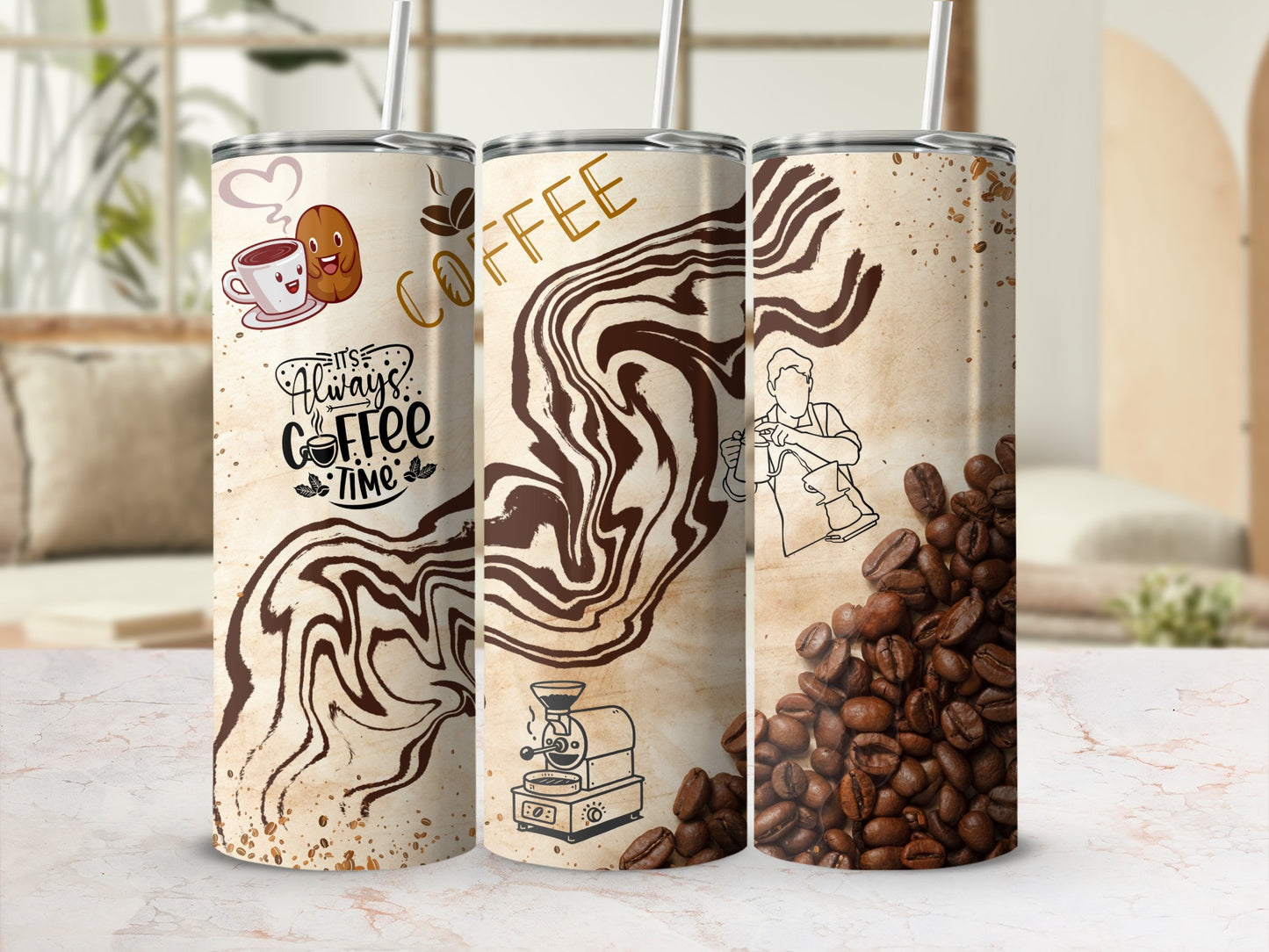 Coffee Time Artistic Tumblers with Coffee Bean Designs