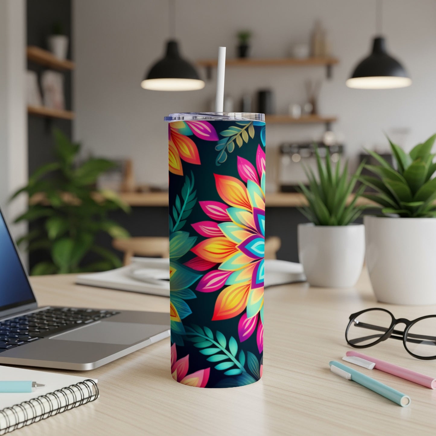 Floral pattern tumbler with straw on a desk next to a laptop.