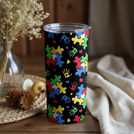 Colorful Puzzle Pattern Tumbler with Handprints Design