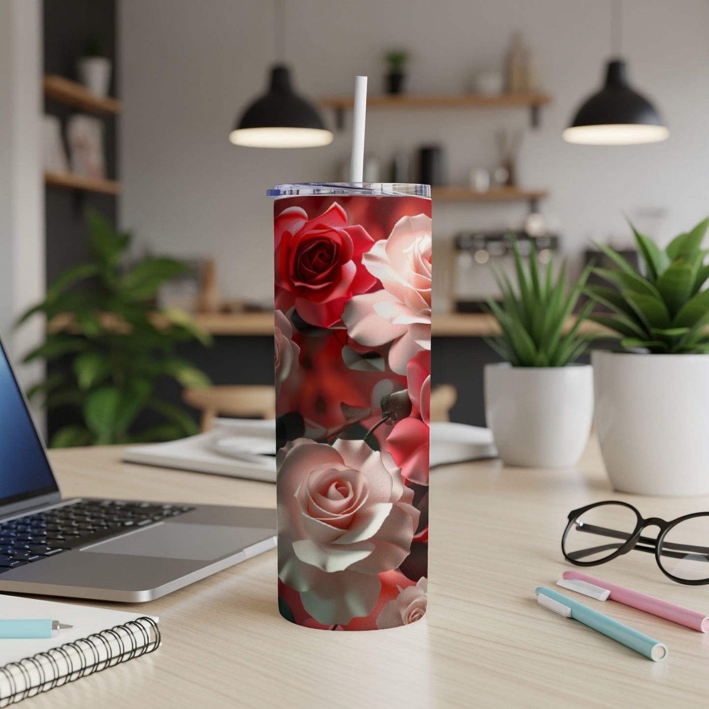 Tall tumbler with a red and pink rose floral pattern.