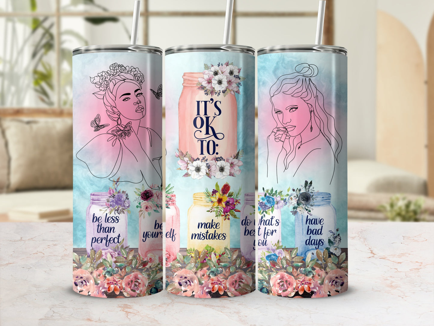 Motivational Floral Art Insulated Tumbler Set