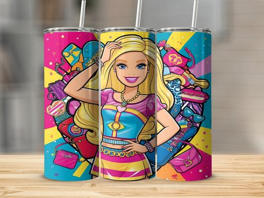 Barbie with colorful accessories and shopping bags on a vibrant background.