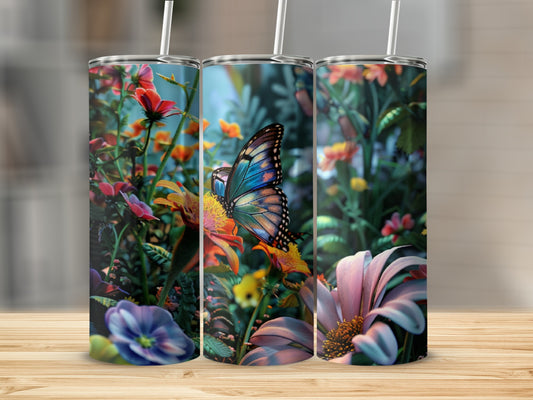Close-up of a butterfly on a flower with blurred floral background.