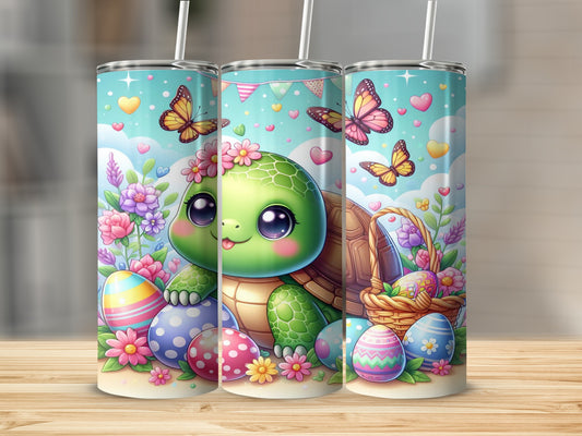 Cute cartoon turtle with Easter eggs and flowers, on a blue background.