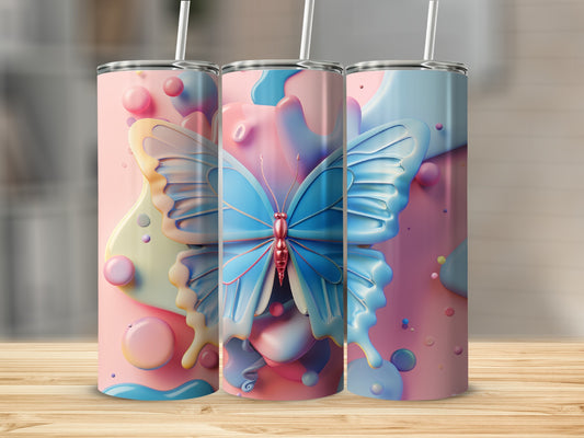 Three tumblers with blue butterfly and pastel bubble design.