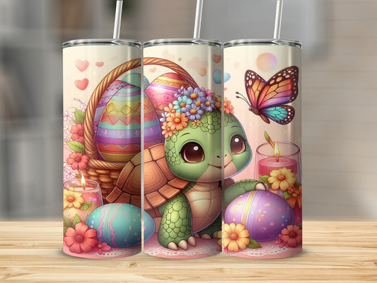 Cute cartoon turtle with Easter eggs and flowers, butterfly, and candles.