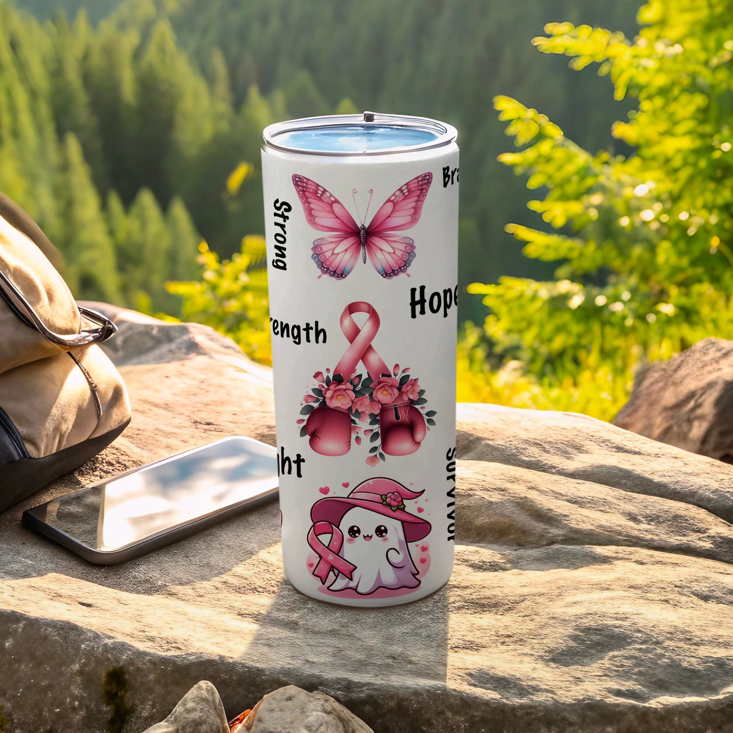 Tumbler with pink butterfly, boxing gloves, and ghost graphic, with text "Strong", "Hope", and "Survivor".