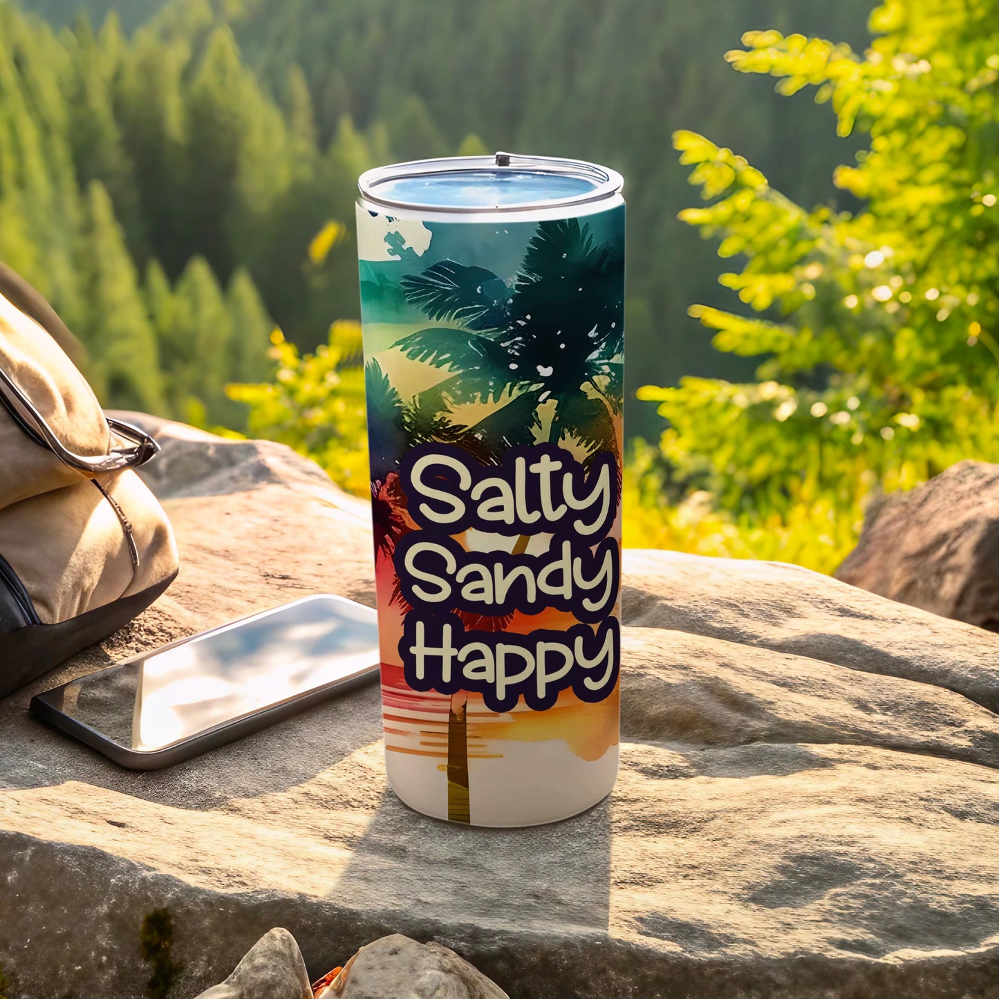 Salty Sandy Happy tumbler with palm trees and sunset design.