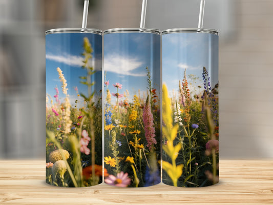 Three tumblers with a wildflower field scene under a blue sky.