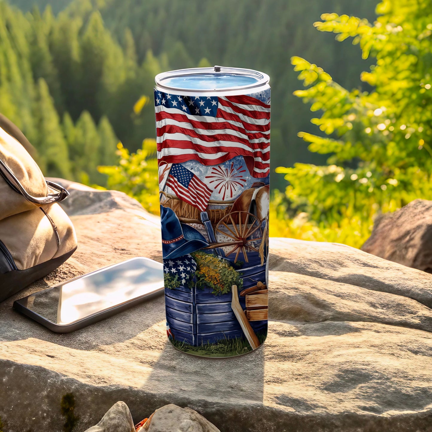 Patriotic tumbler with American flag, cowboy hat, and western elements.