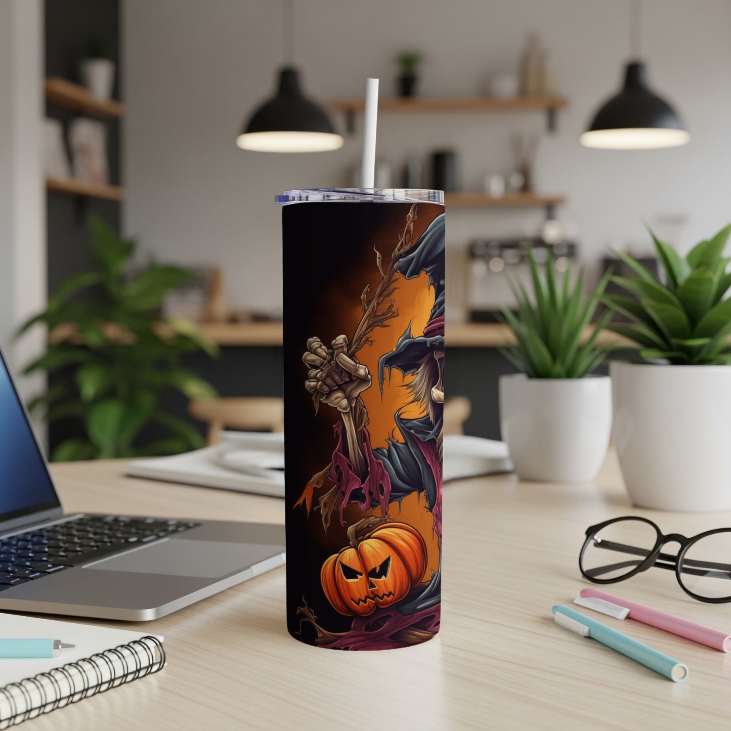 Halloween tumbler with a spooky witch and jack-o'-lantern design.