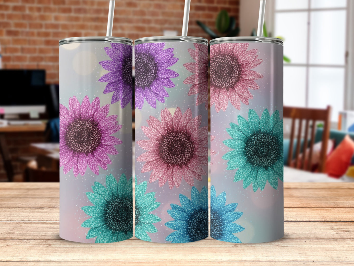 Sparkling Colorful Sunflower Design Tumbler Cups