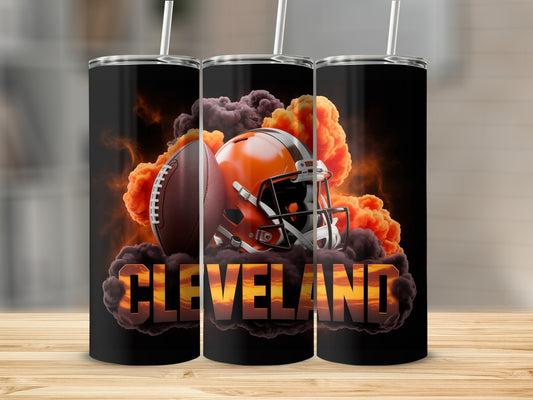 Cleveland Browns football helmet and ball with smoky orange background.