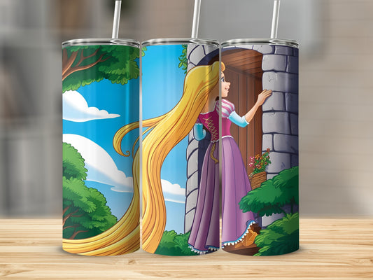 Rapunzel with long blonde hair reaching towards an open stone doorway.