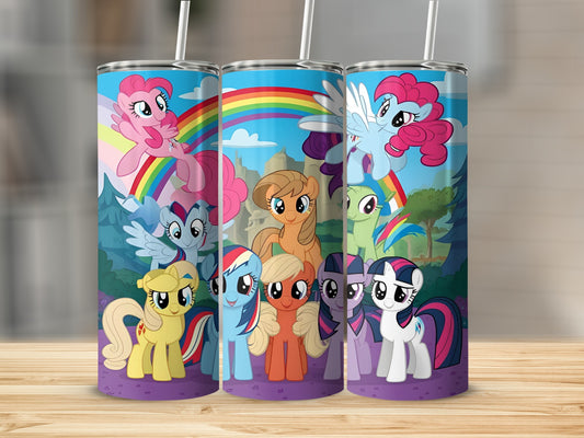 My Little Pony characters on a colorful tumbler with rainbow and clouds.