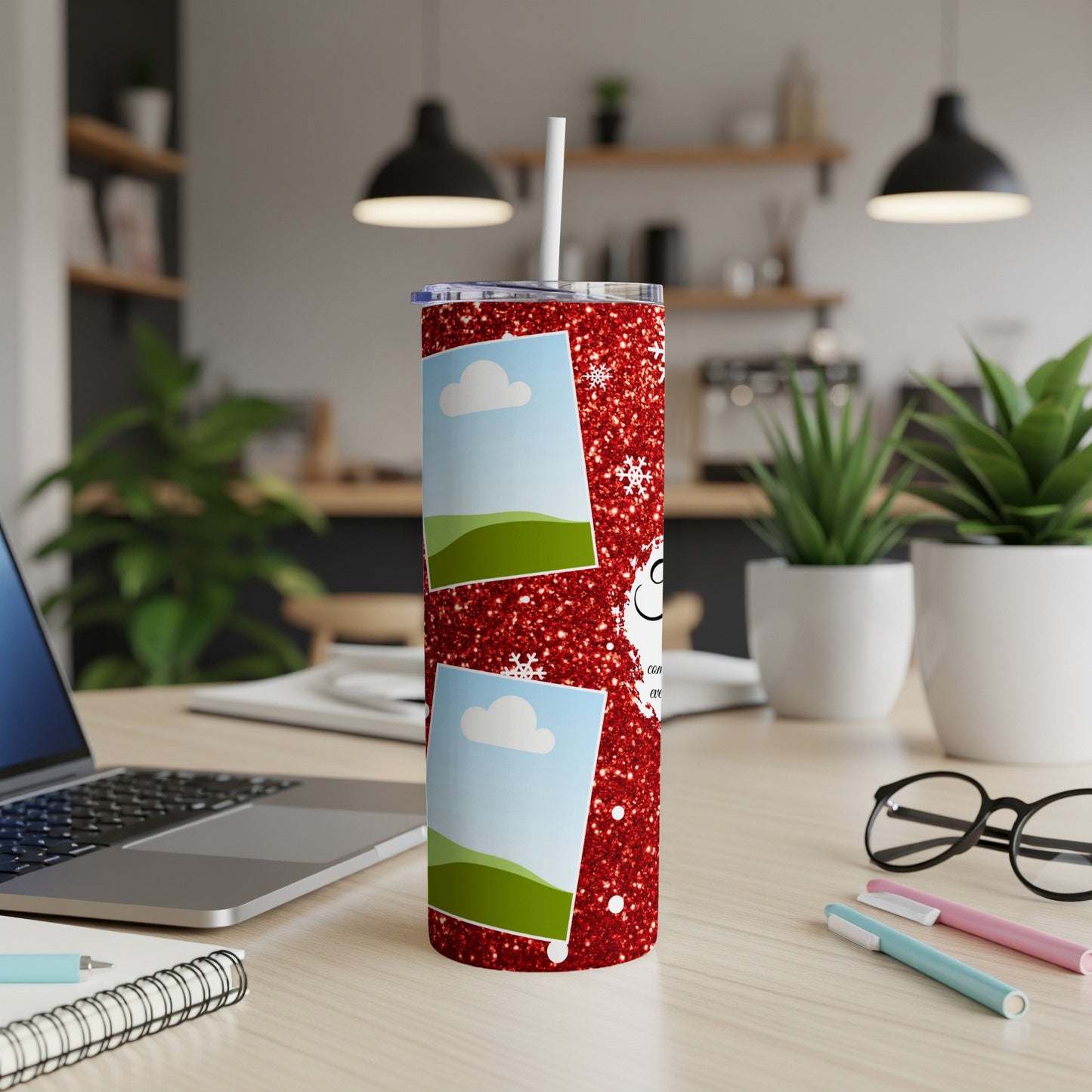 Red glitter tumbler with two photo frames and snowman graphic.