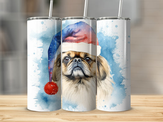 Pekingese dog in Santa hat, watercolor painting on three tumblers.