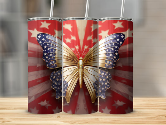 Gold butterfly with American flag wings on a starburst background.