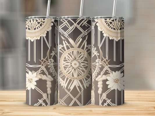 Three tumblers with a boho-inspired pattern featuring lace and floral elements.