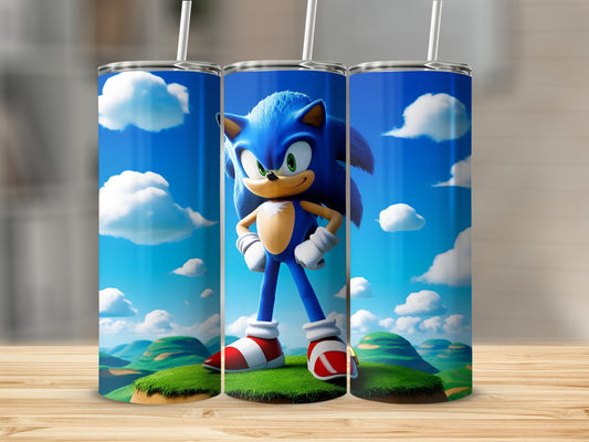 Sonic the Hedgehog character on green hills under a blue sky with clouds.