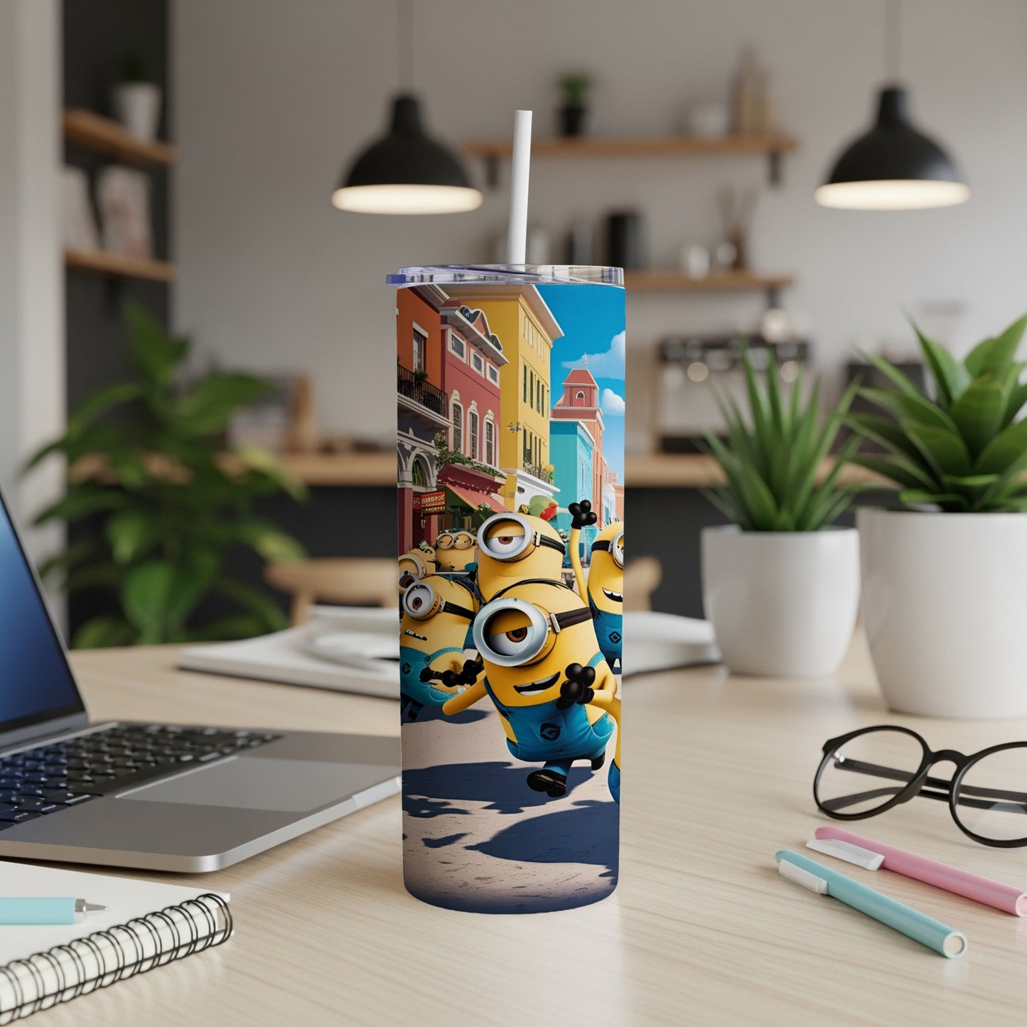 Minions walking down a colorful city street on a tumbler.