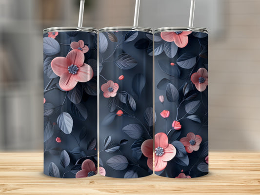 Three dark floral tumblers with pink blossoms and grey leaves.