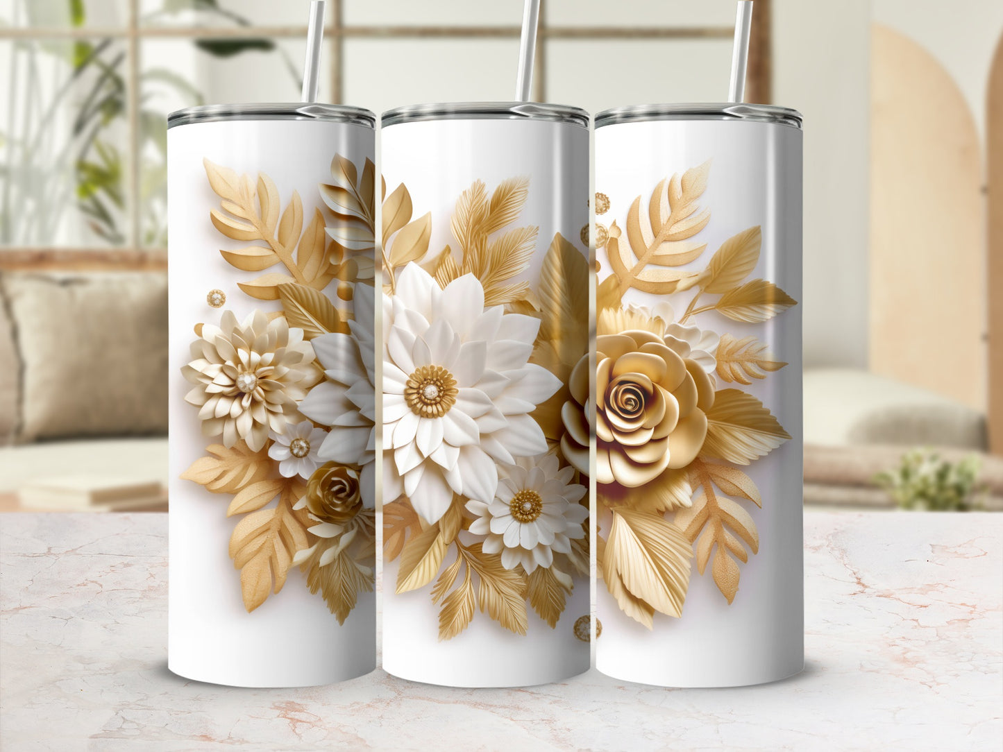 Elegant Gold and White Floral Design Tumbler Cup