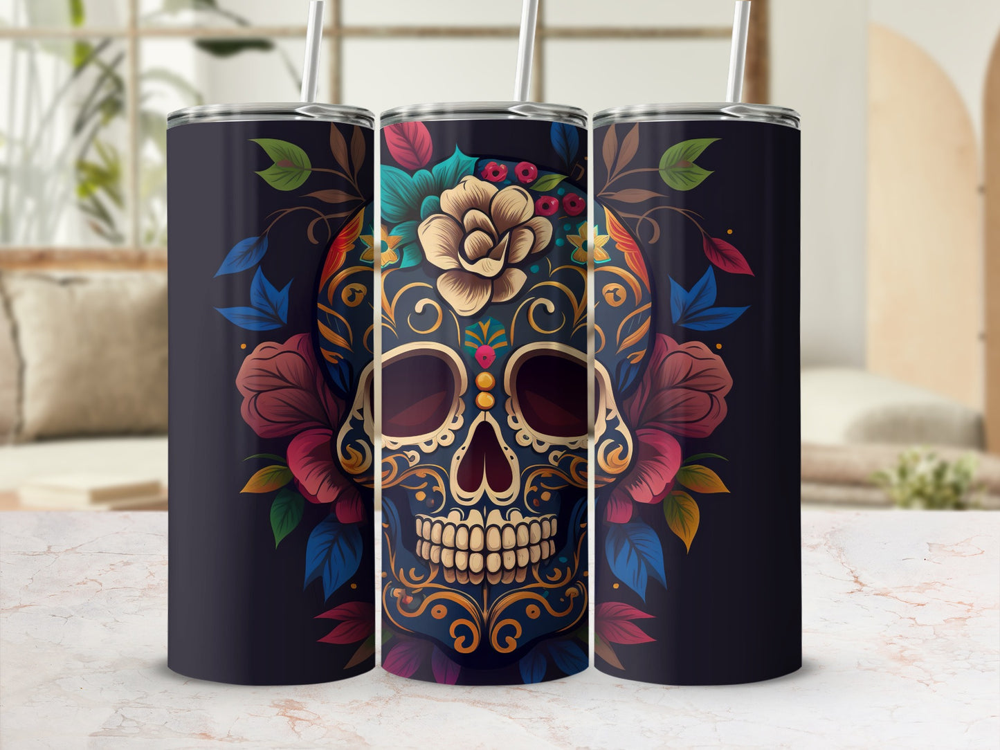 Colorful Floral Skull Design Insulated Tumbler