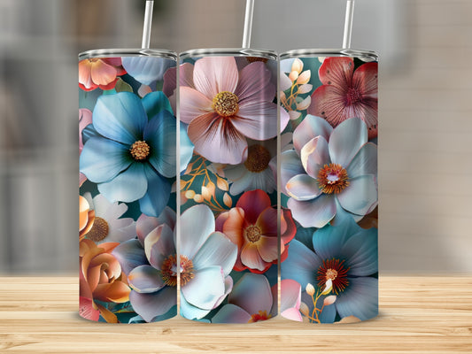 Three floral tumblers with blue, pink, and coral blossoms.