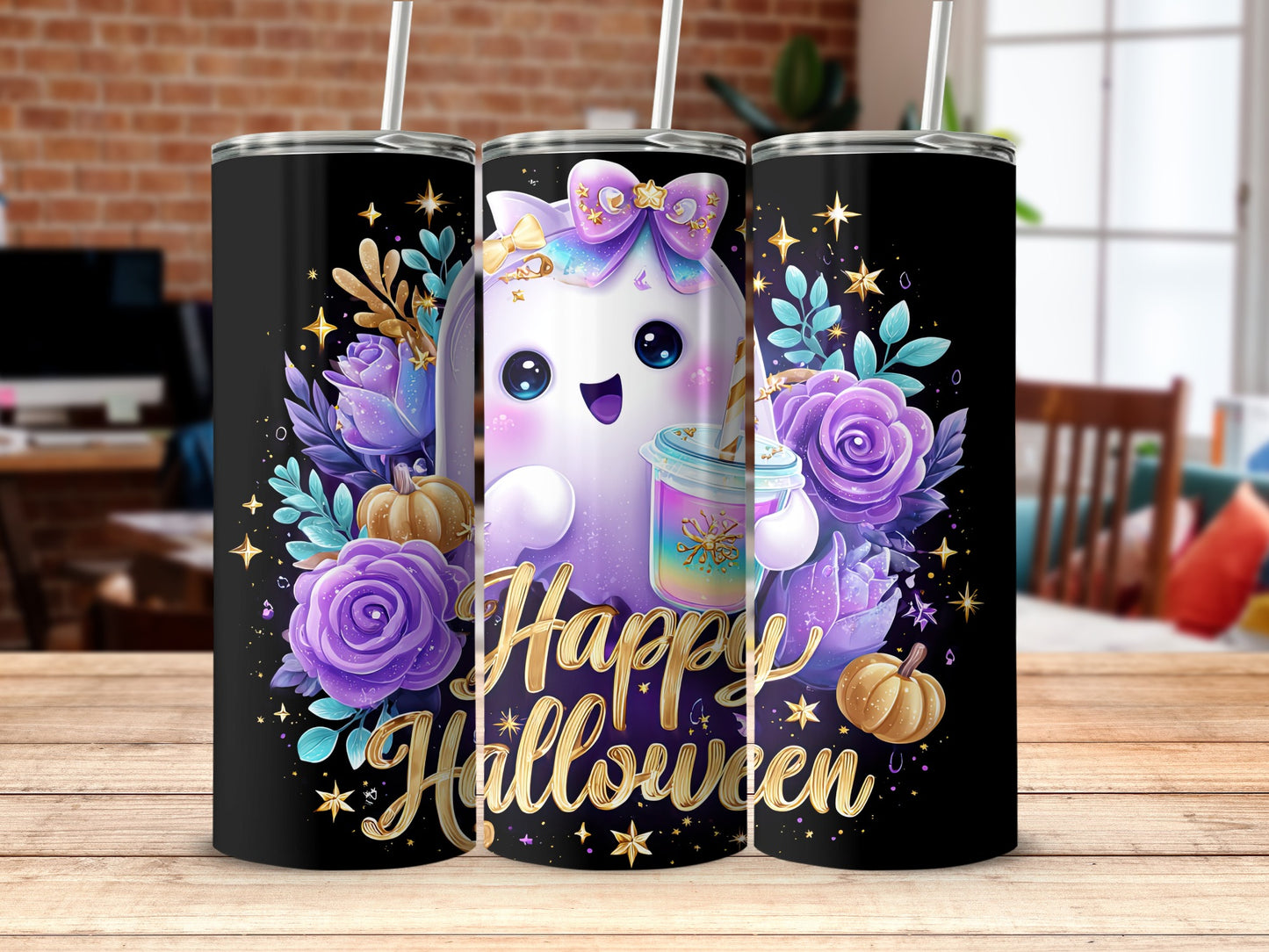 Cute Halloween Tumbler with Purple Floral Design