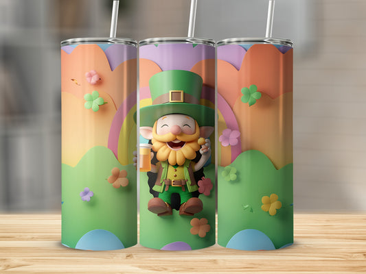 Leprechaun character on a rainbow and shamrock themed tumbler.
