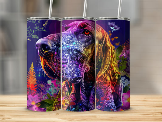 Colorful bloodhound portrait with floral and glitter accents.