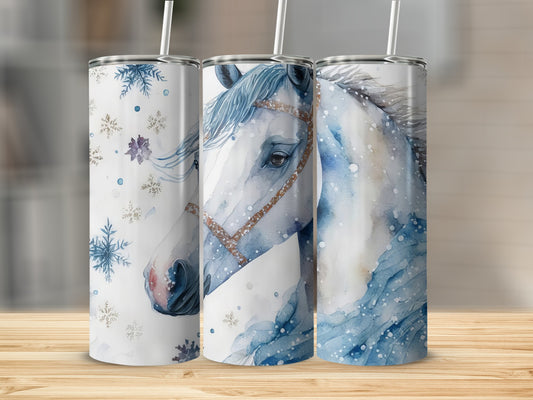 Three tumblers featuring a blue watercolor horse and snowflakes.