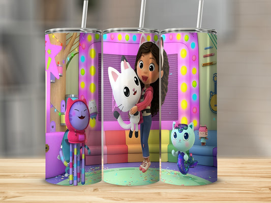 Gabby's Dollhouse characters Gabby, Pandy Paws, and MerCat on a colorful, animated background.