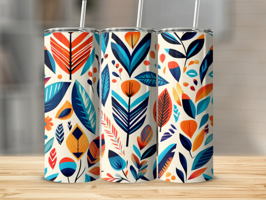 Three tumblers with a cream background and colorful abstract floral designs.