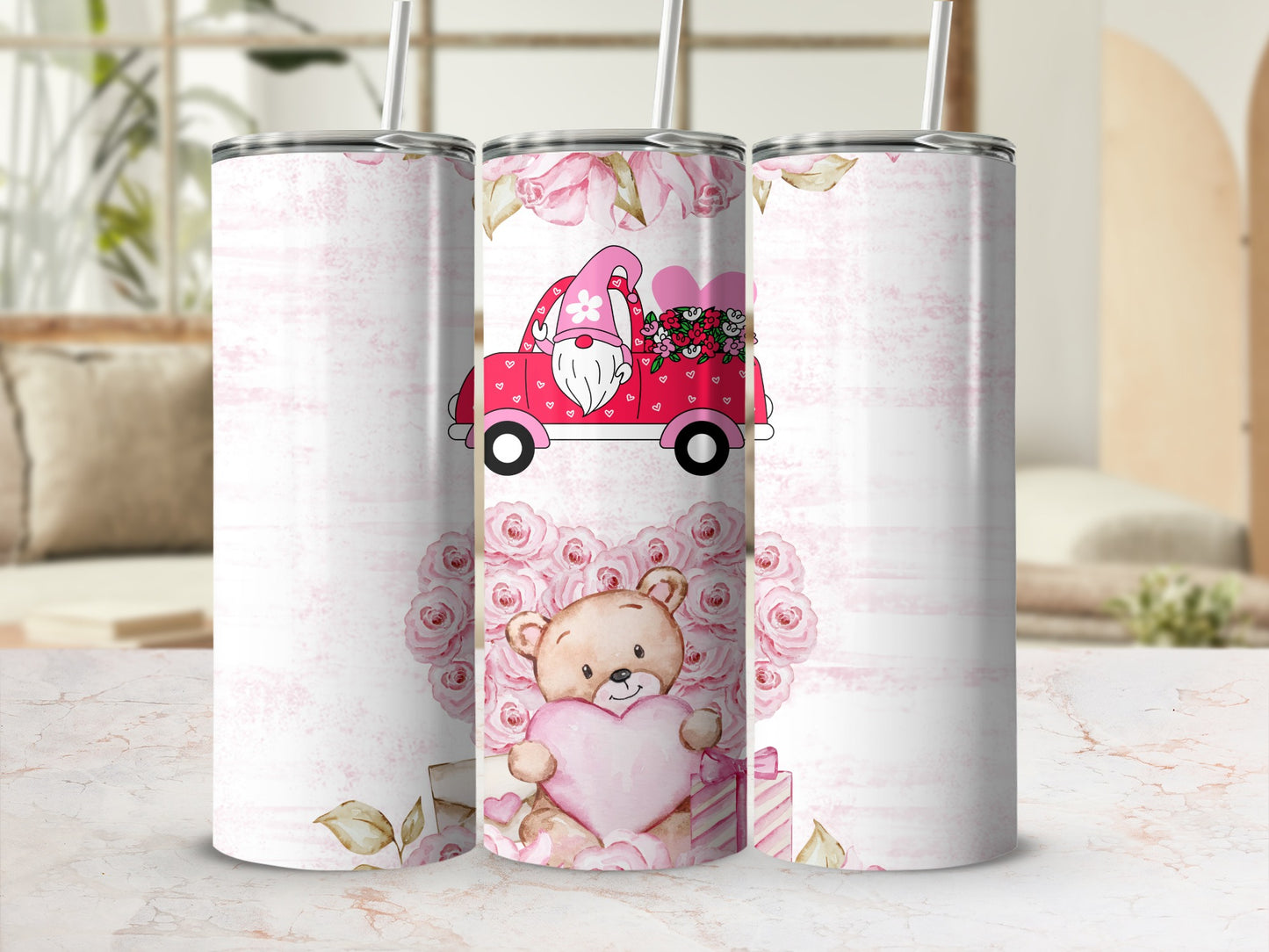 Cute Valentines Day Bear and Gnome Themed Tumbler