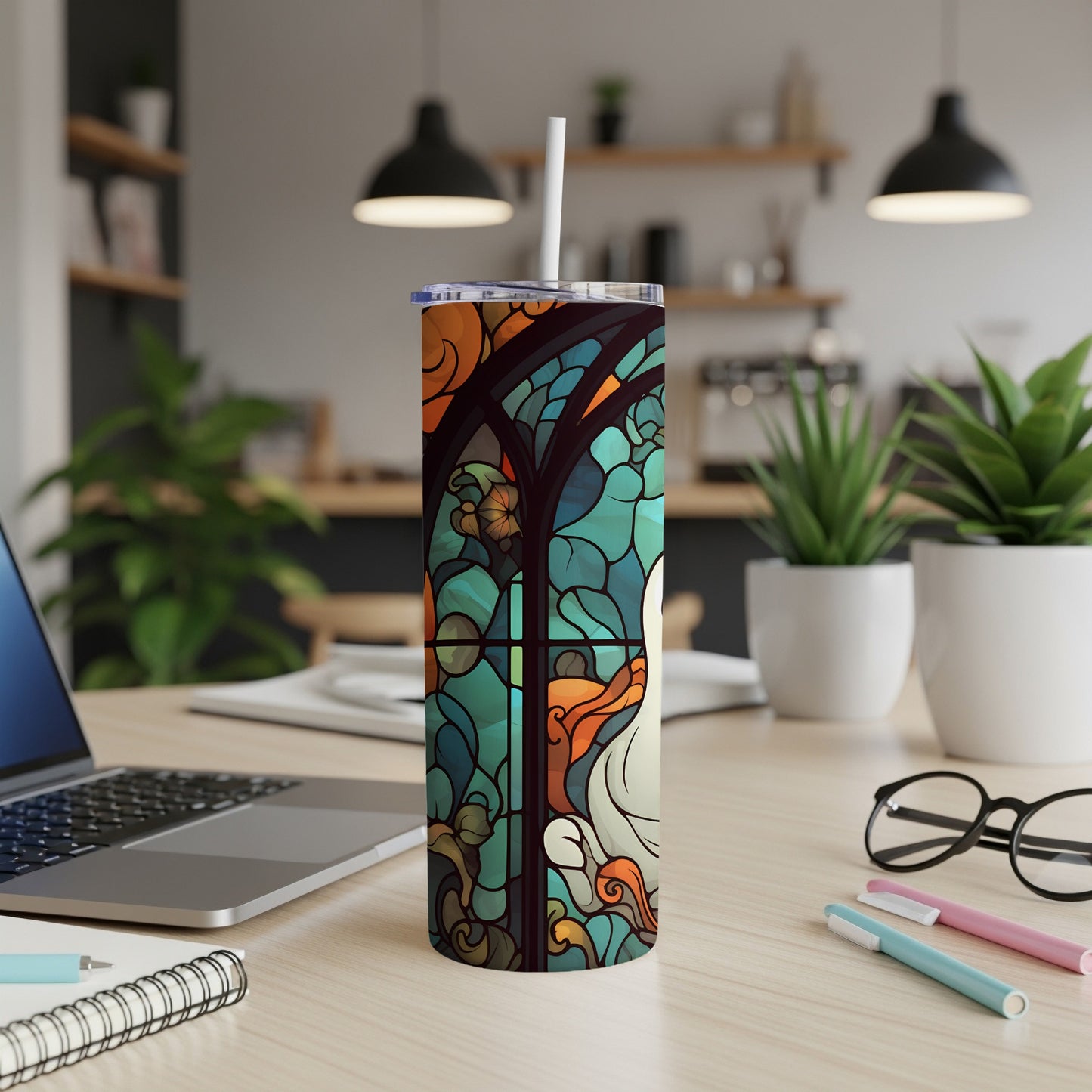 White pumpkin and floral stained glass design on a white tumbler.
