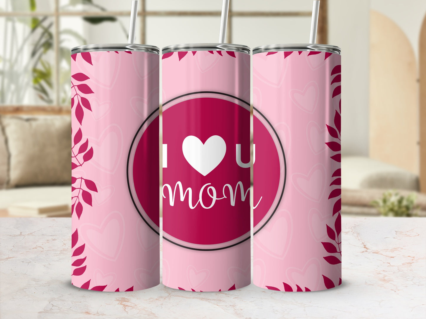 I Love You Mom Pink Heart Design Tumbler Cup