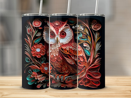 Triptych of tumblers featuring an ornate owl surrounded by colorful floral and vine designs.