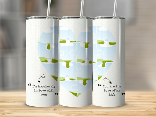 Three tumblers with a puzzle heart graphic, one says "I'm hopelessly in love with you".