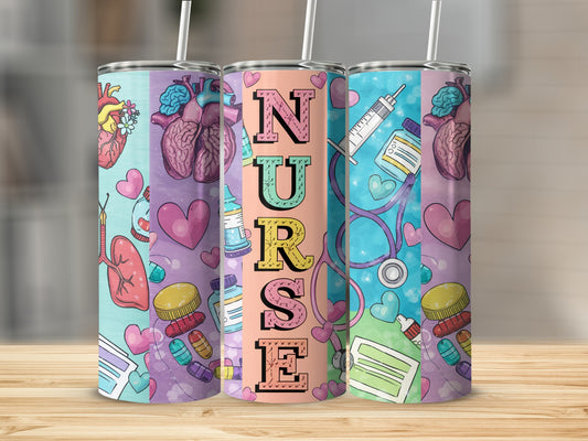 Three nurse-themed tumblers with medical icons and colorful backgrounds.