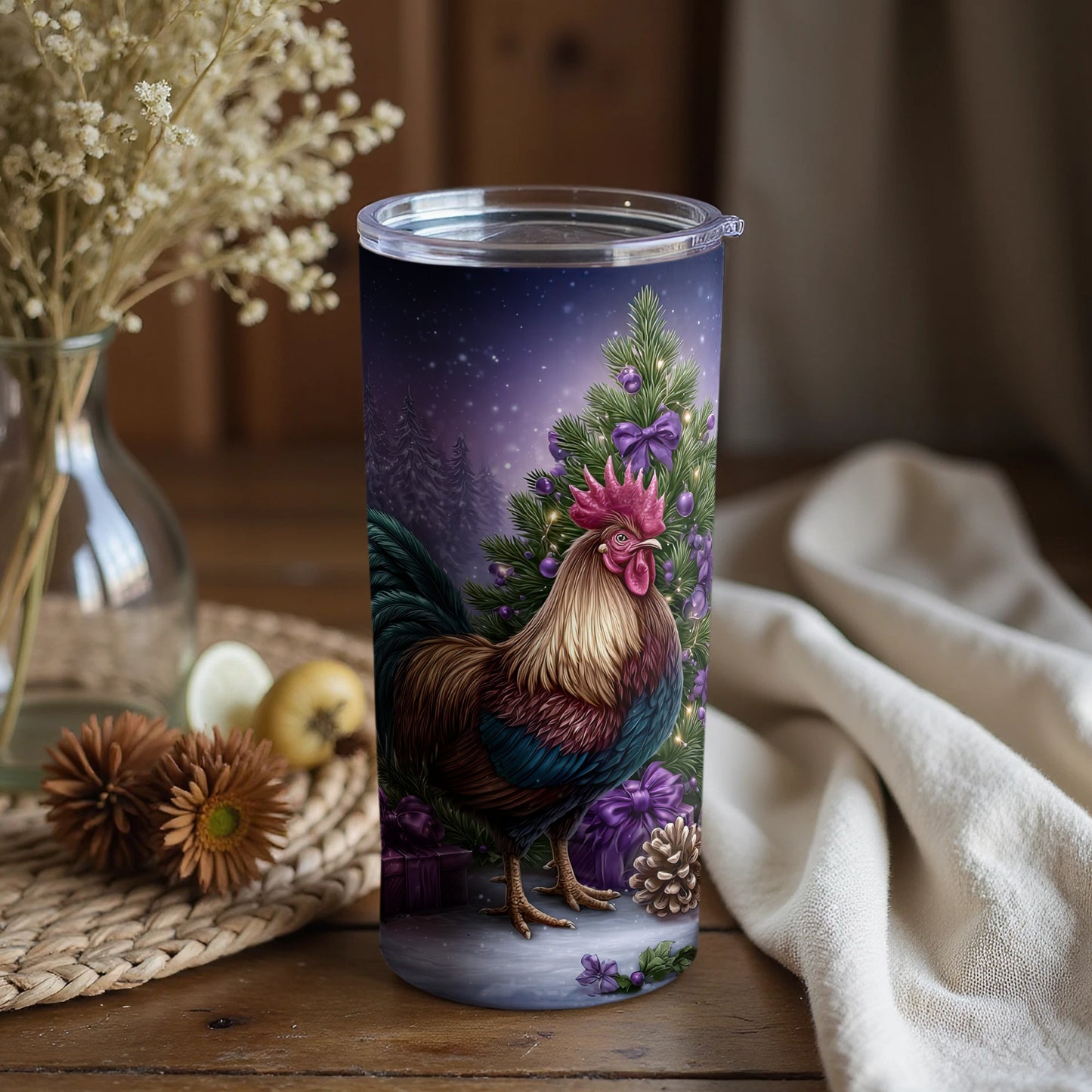 Rooster and Christmas Tree Festive Tumbler