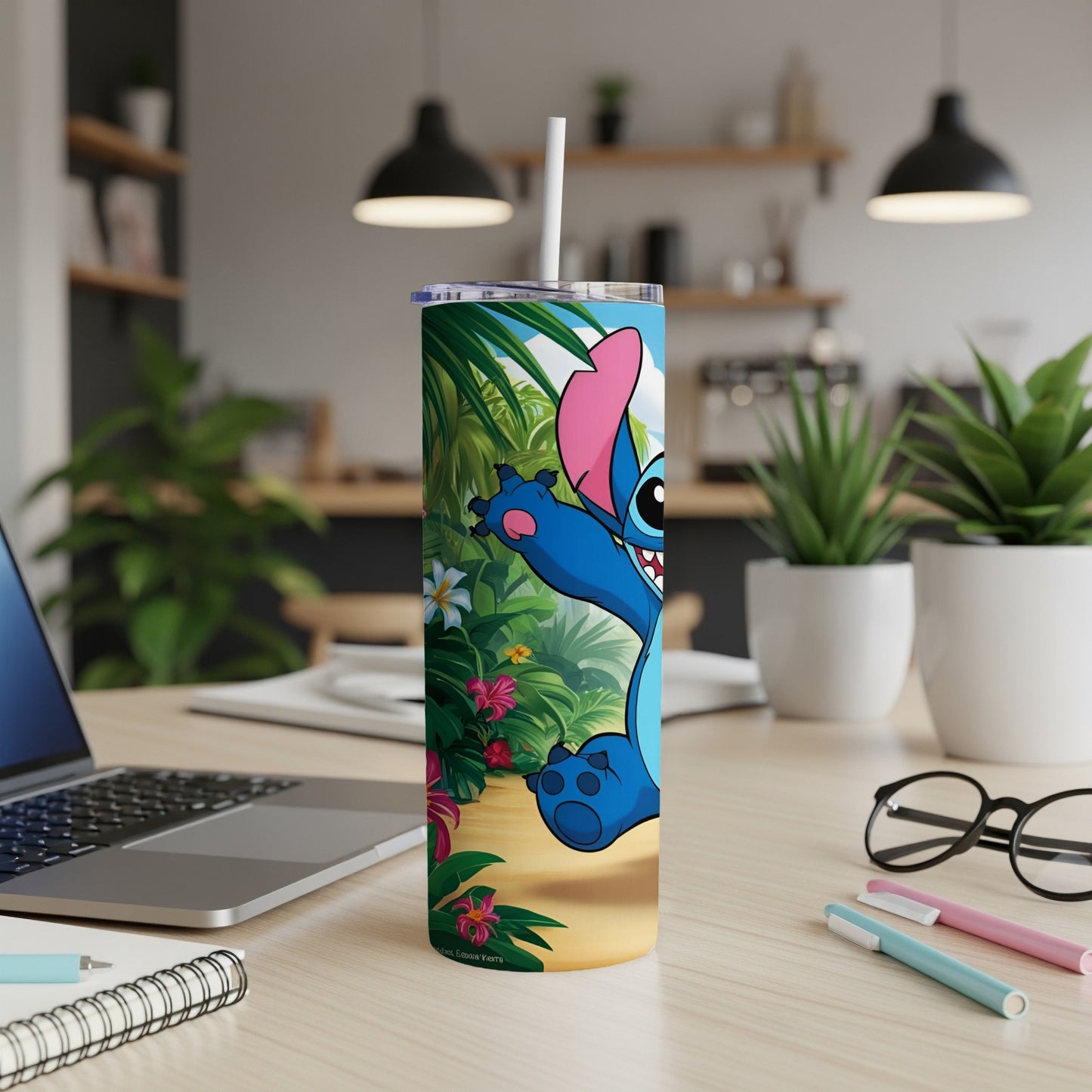 Stitch character on a tropical beach scene on a skinny tumbler.