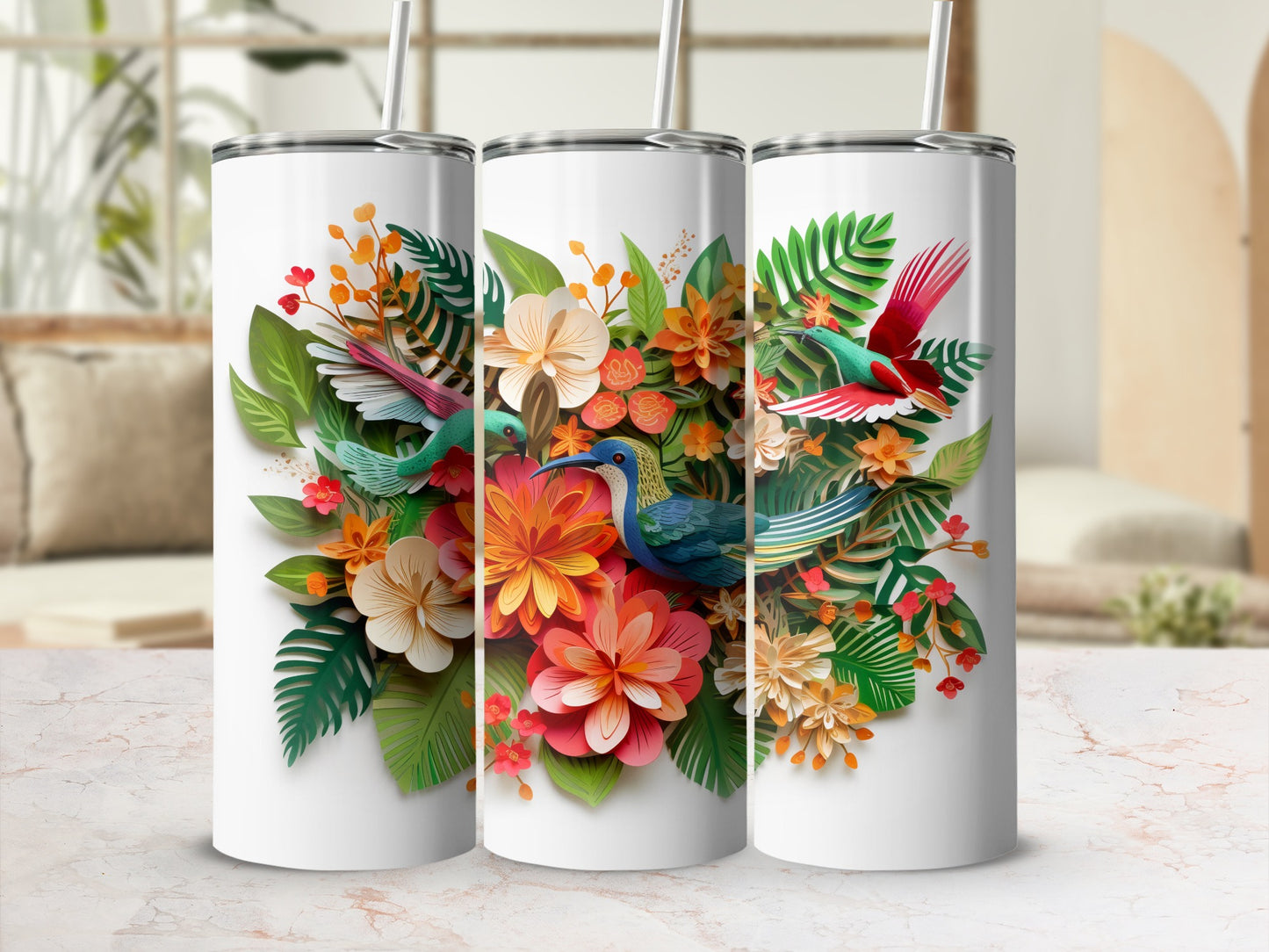 Vibrant Floral and Tropical Bird Insulated Cup