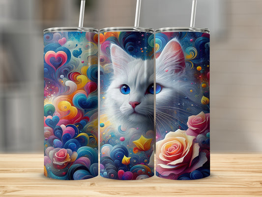 White cat with blue eyes and colorful swirls and roses design on a tumbler.