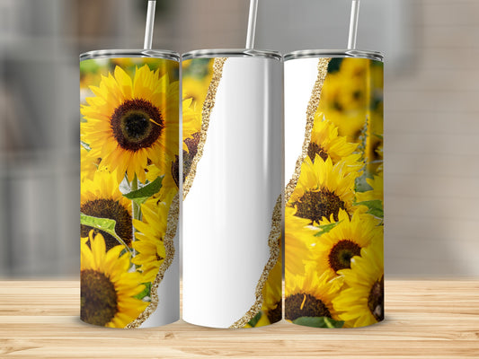Three tumblers with sunflower and gold glitter designs.
