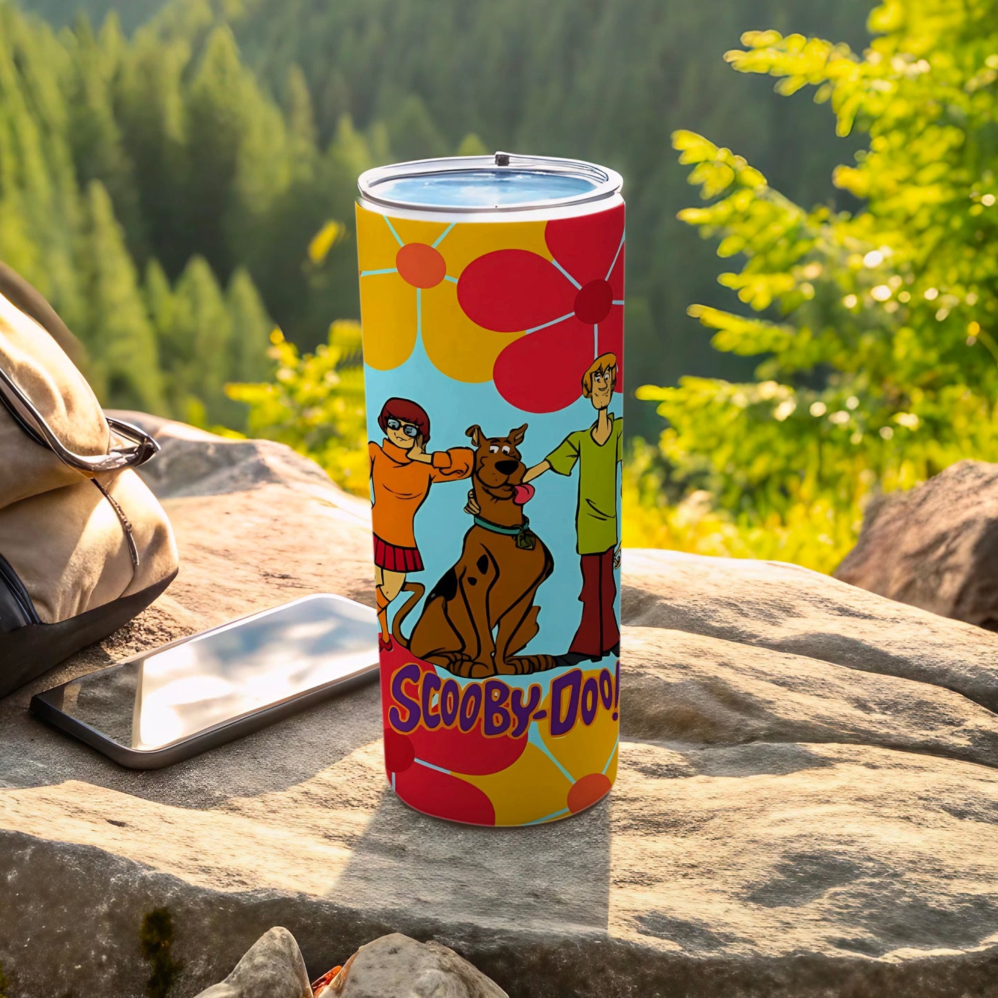 Scooby-Doo graphic tumbler with Scooby, Shaggy, and Daphne against a floral background.