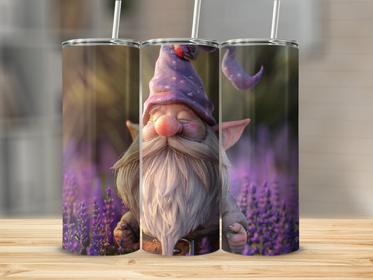 Gnome in purple hat with lavender field background.