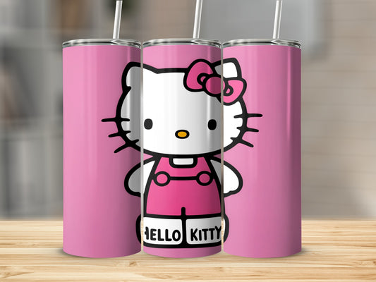 Hello Kitty character in pink overalls on a pink tumbler.